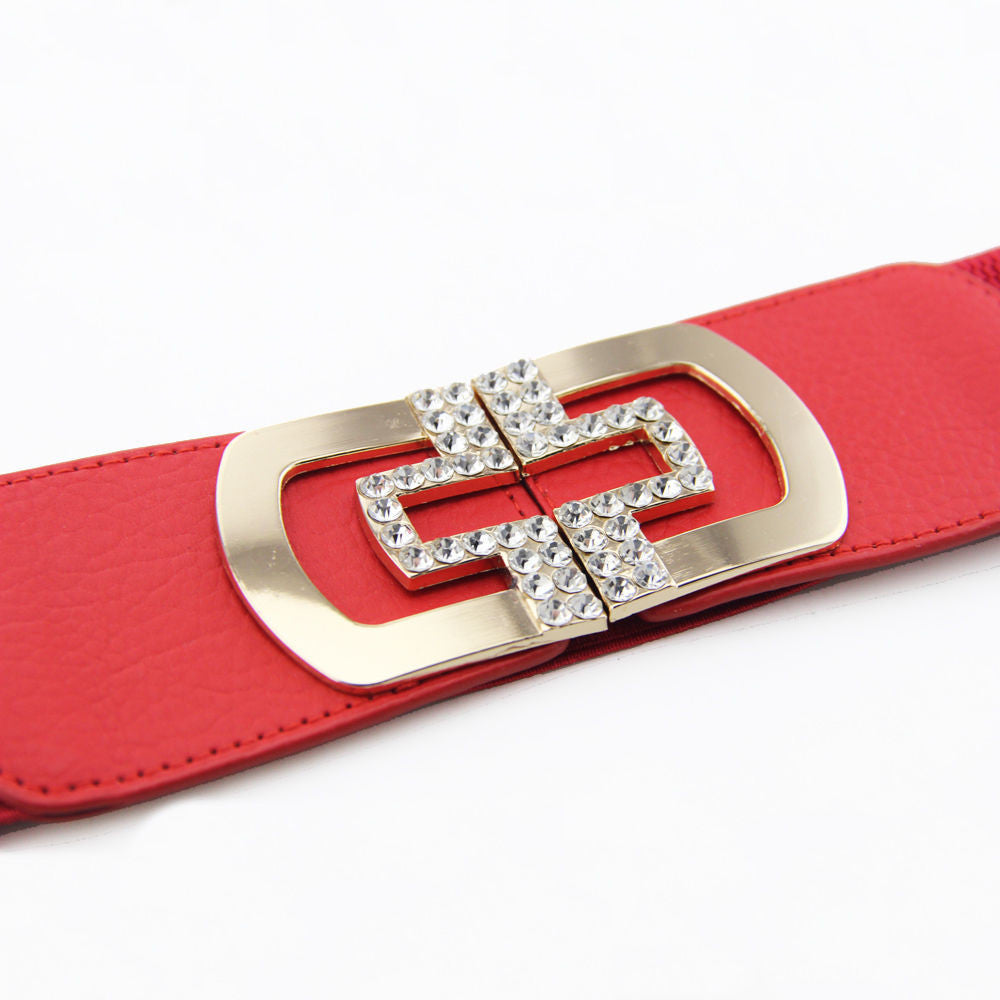 Elasticated Belt with Cross Diamante Buckle - Red