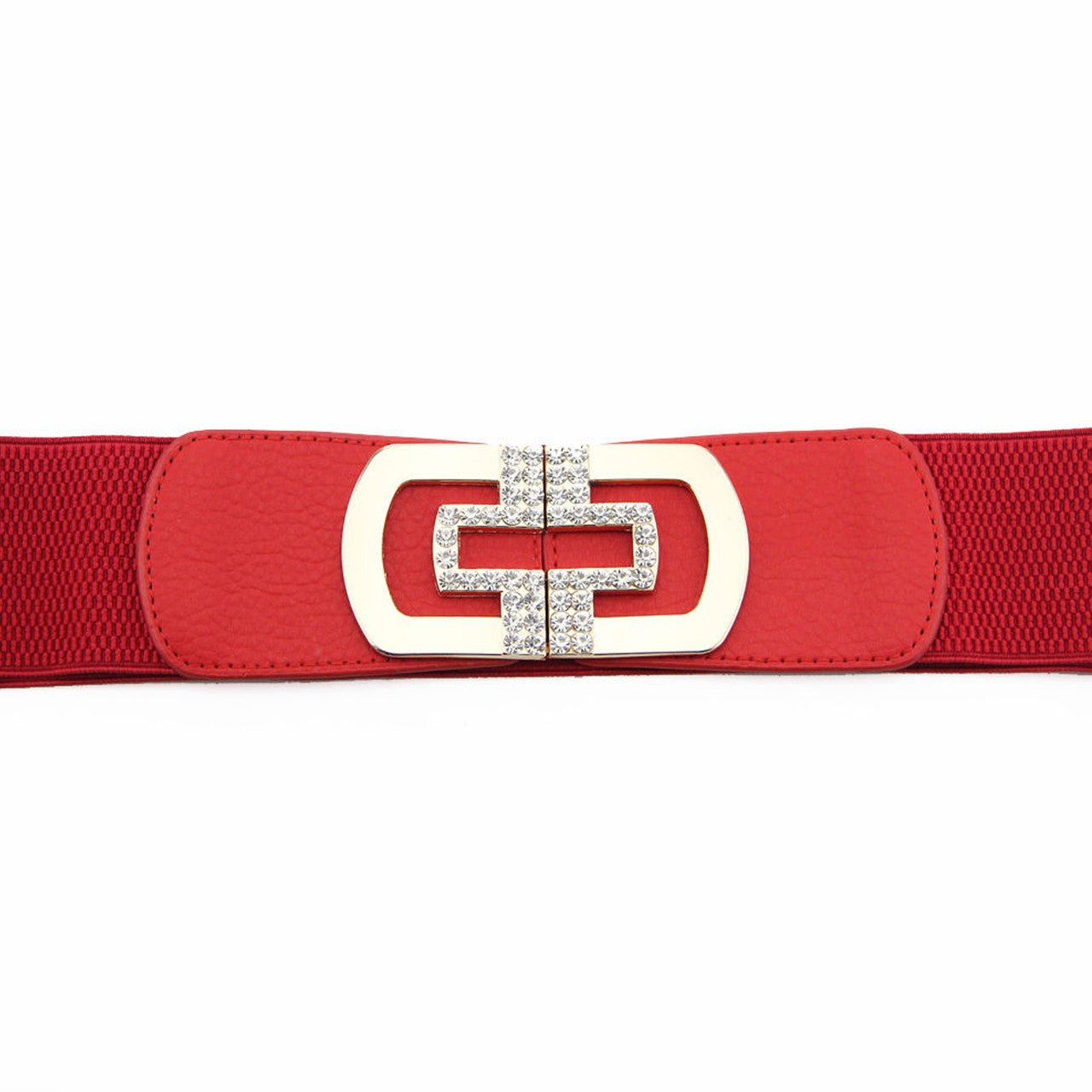 Elasticated Belt with Cross Diamante Buckle - Red