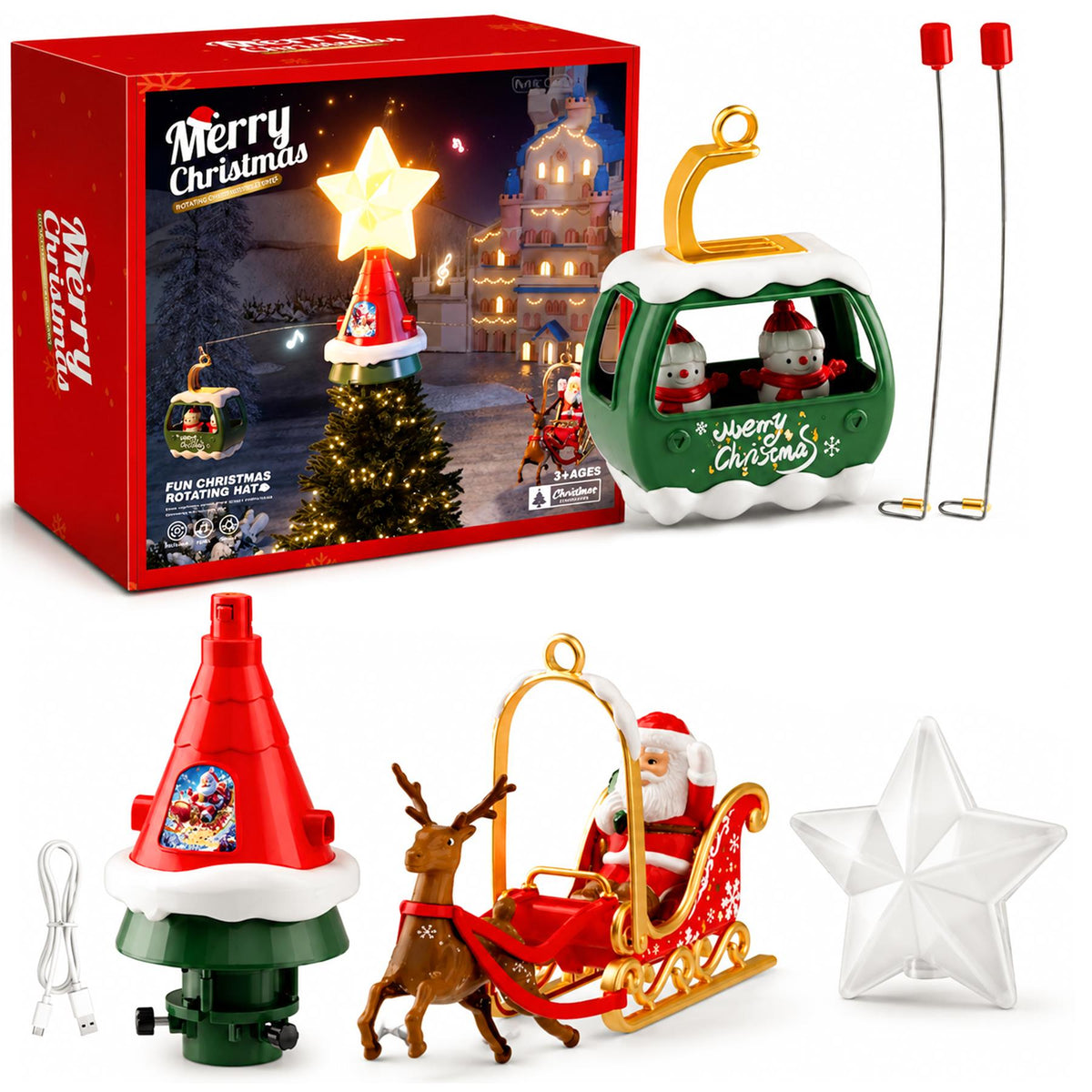 Musical Christmas Tree Topper with LED Star, Rotating Santa Sleigh & Snowman Display