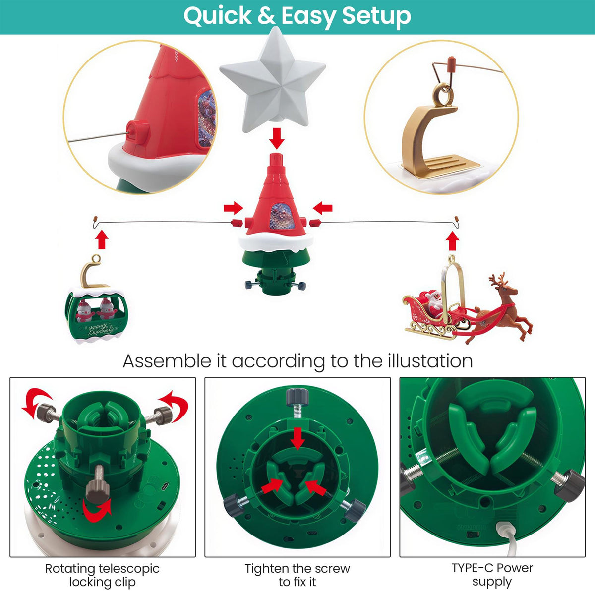 Musical Christmas Tree Topper with LED Star, Rotating Santa Sleigh & Snowman Display