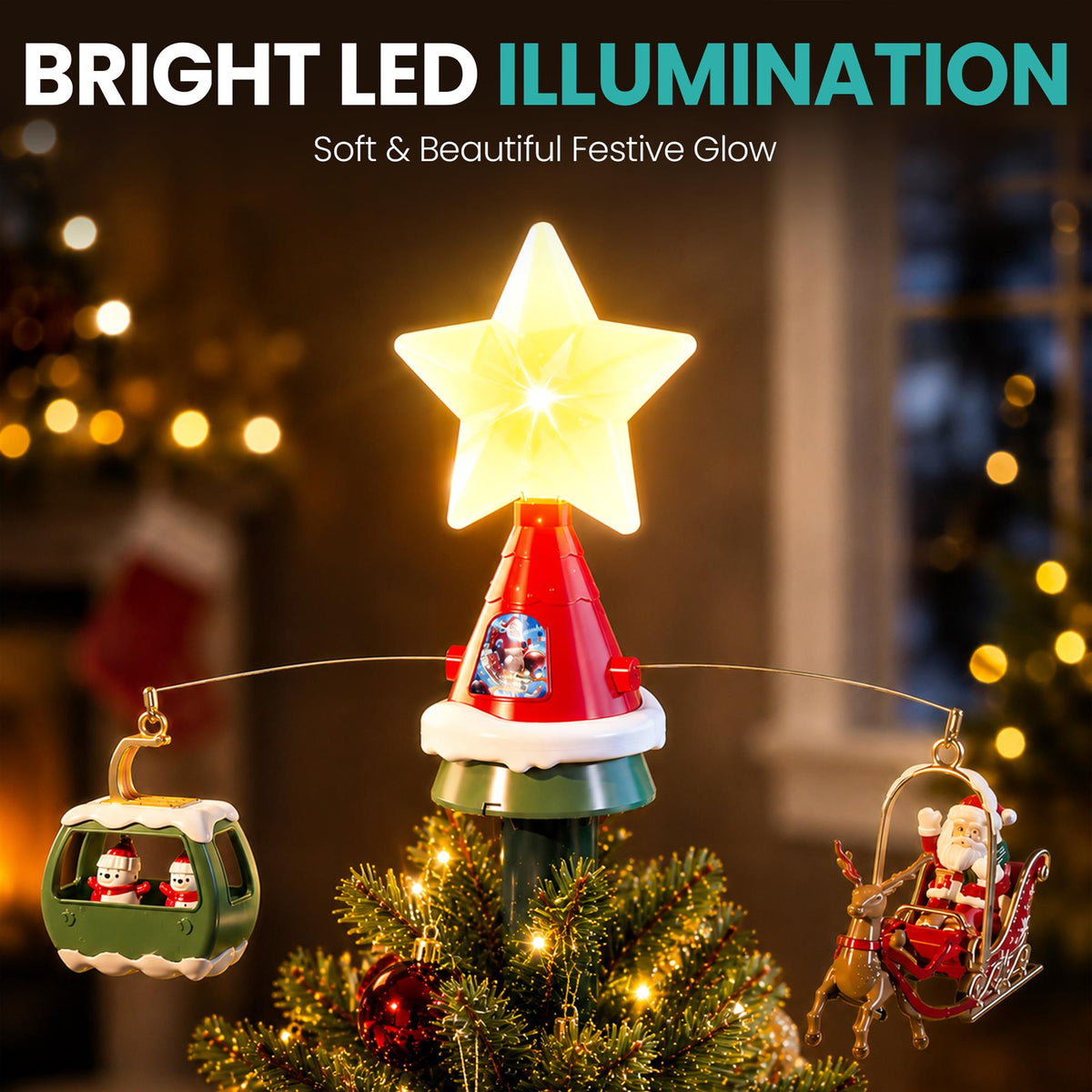 Musical Christmas Tree Topper with LED Star, Rotating Santa Sleigh & Snowman Display