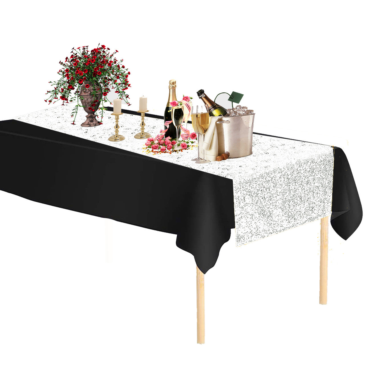Plastic Table Cloth And Silver Sequin Table Runner Set - 2pcs