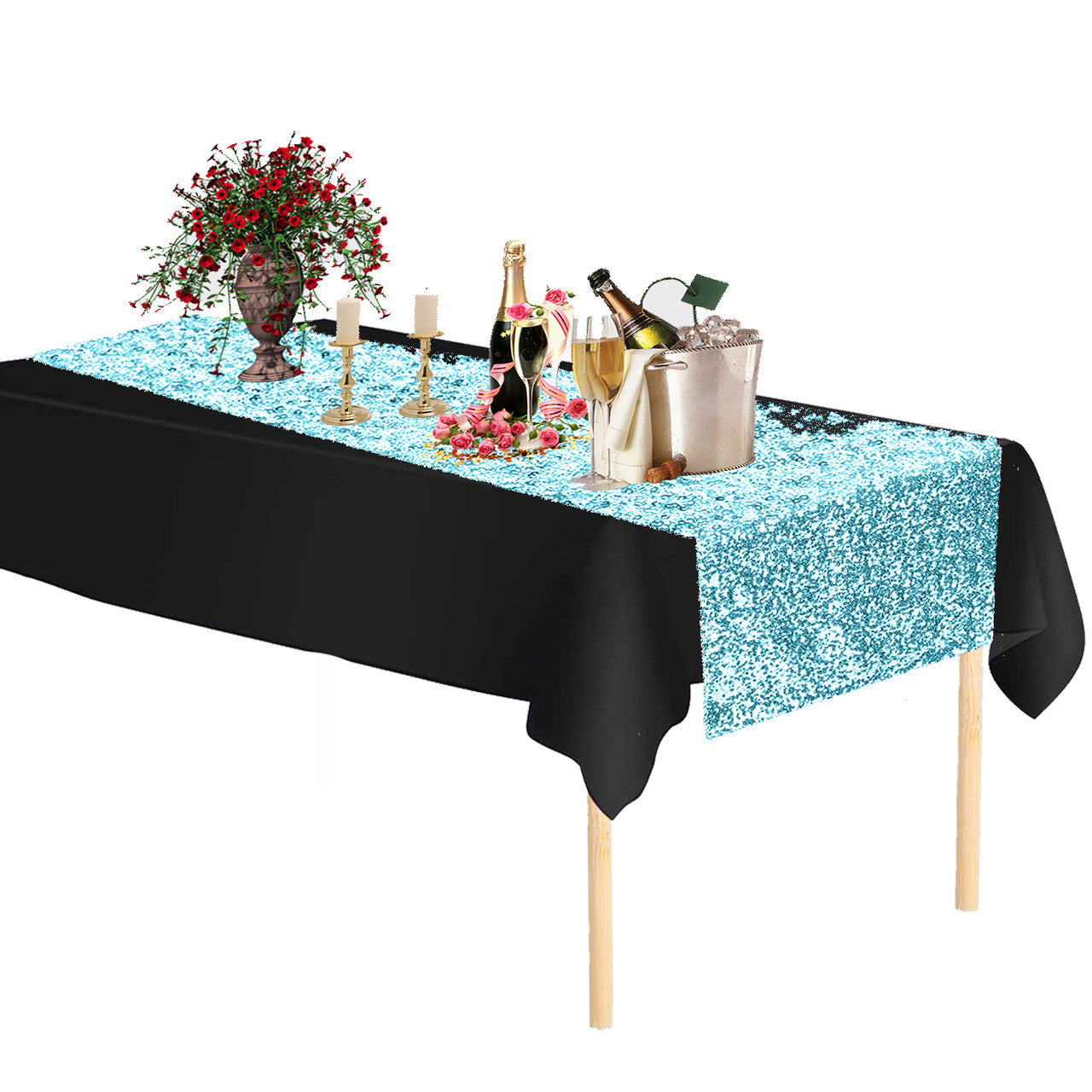 Plastic Table Cloth And Sequin Turquoise Table Runner Set - 2pcs