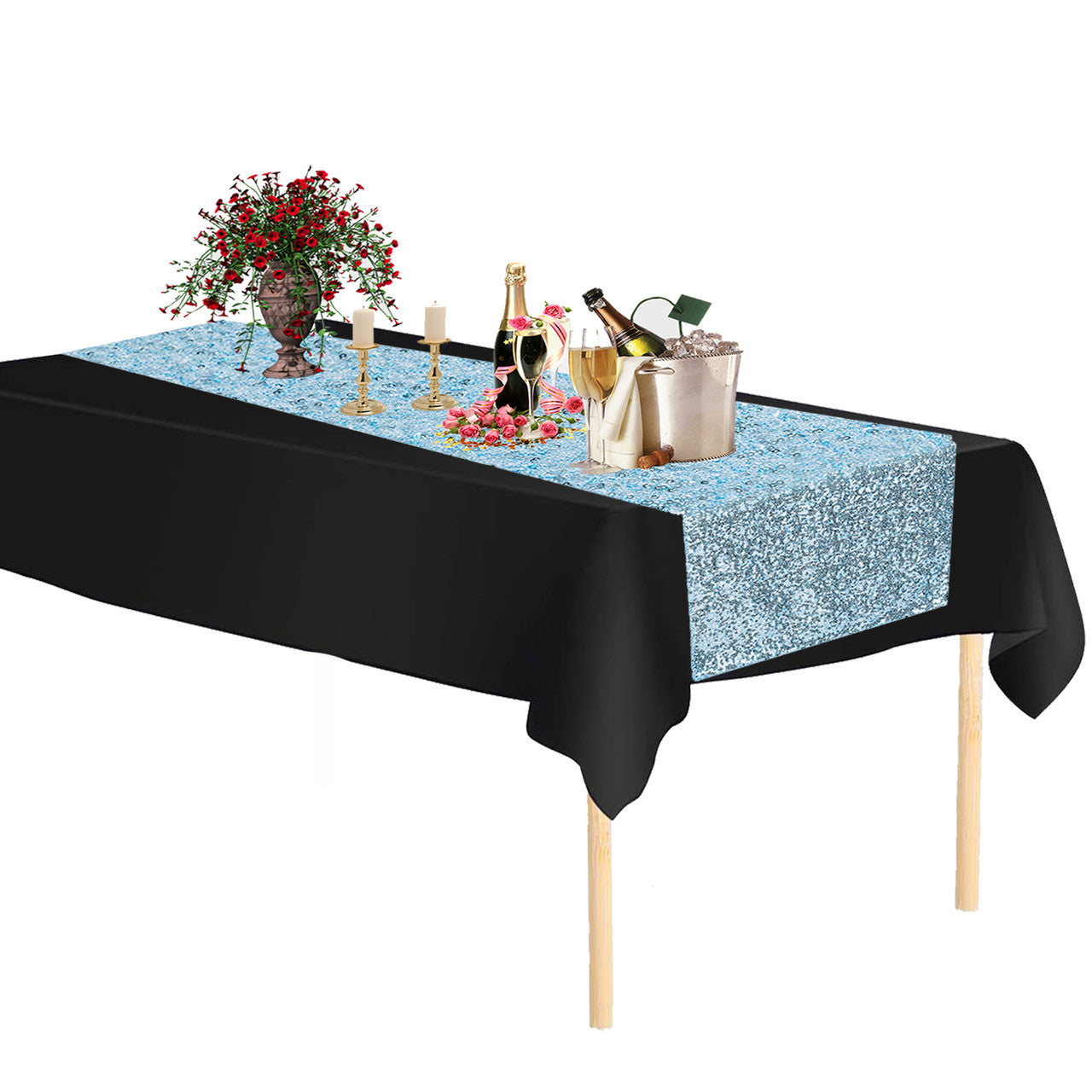 Plastic Table Cloth And Sequin Baby Blue Table Runner Set - 2pcs