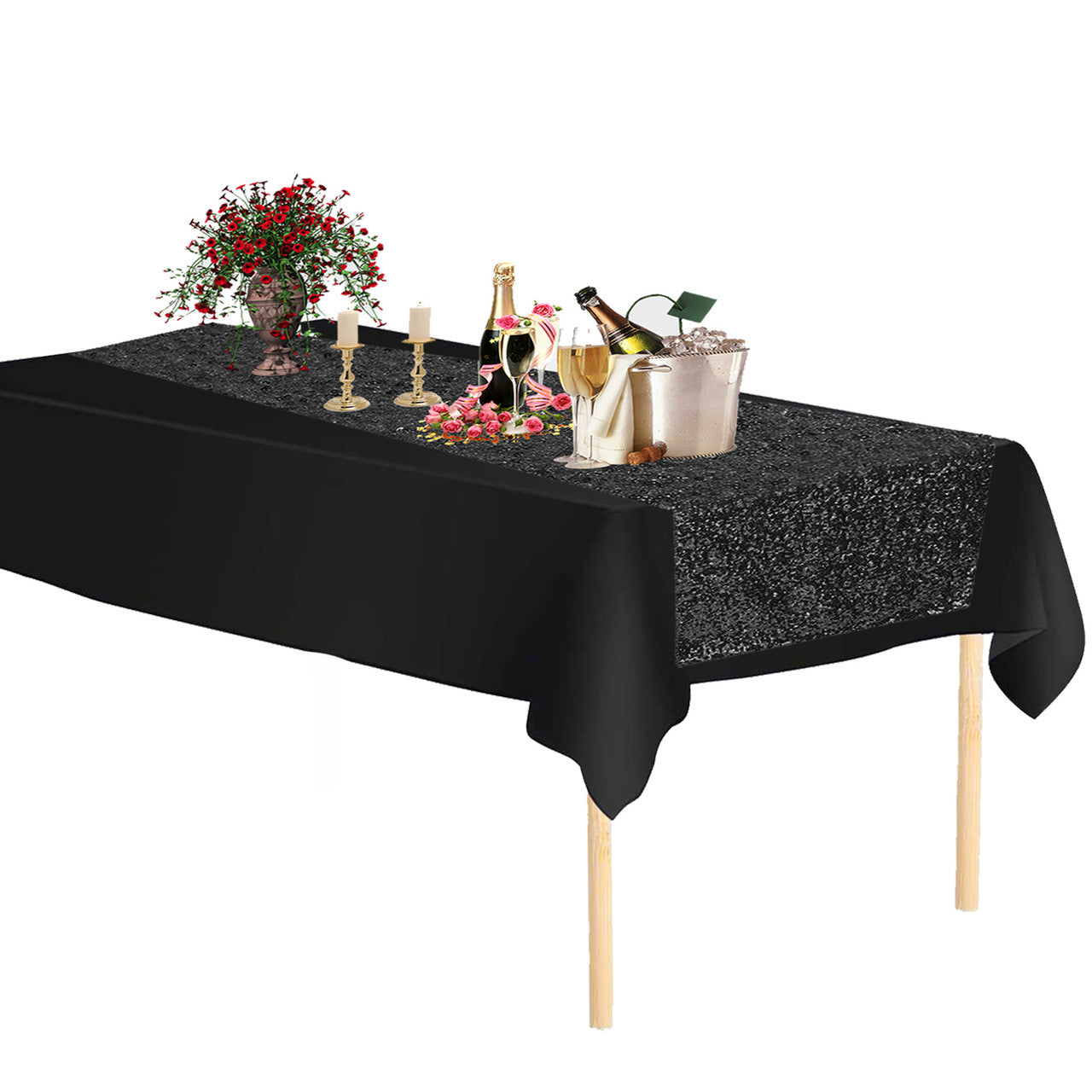 Plastic Table Cloth And Nude Sequin Table Runner Set - 2pcs