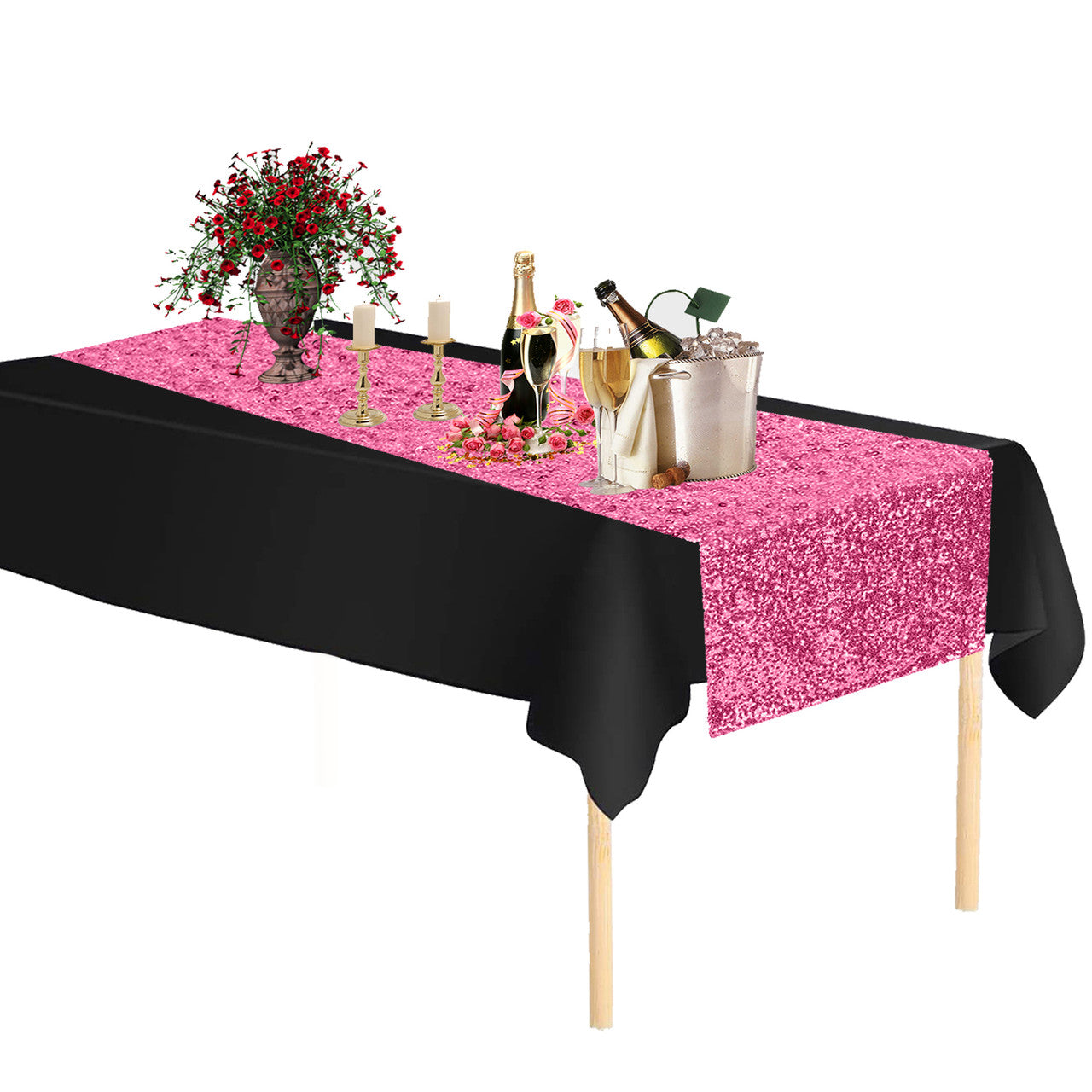 Plastic Table Cloth And Baby Pink Sequin Table Runner Set - 2 pcs