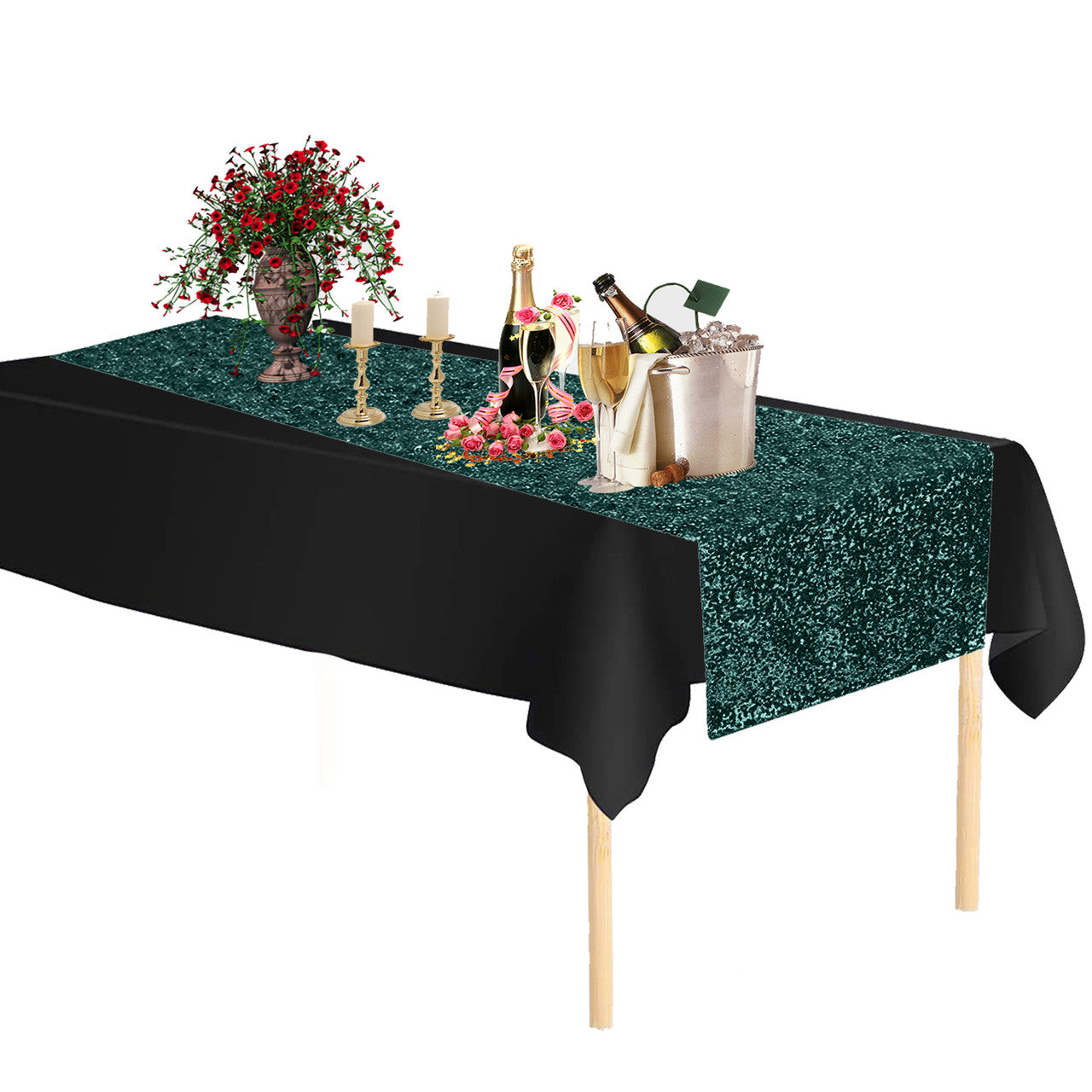 Plastic Table Cloth And Emerald Green Sequin Table Runner Set - 2pcs