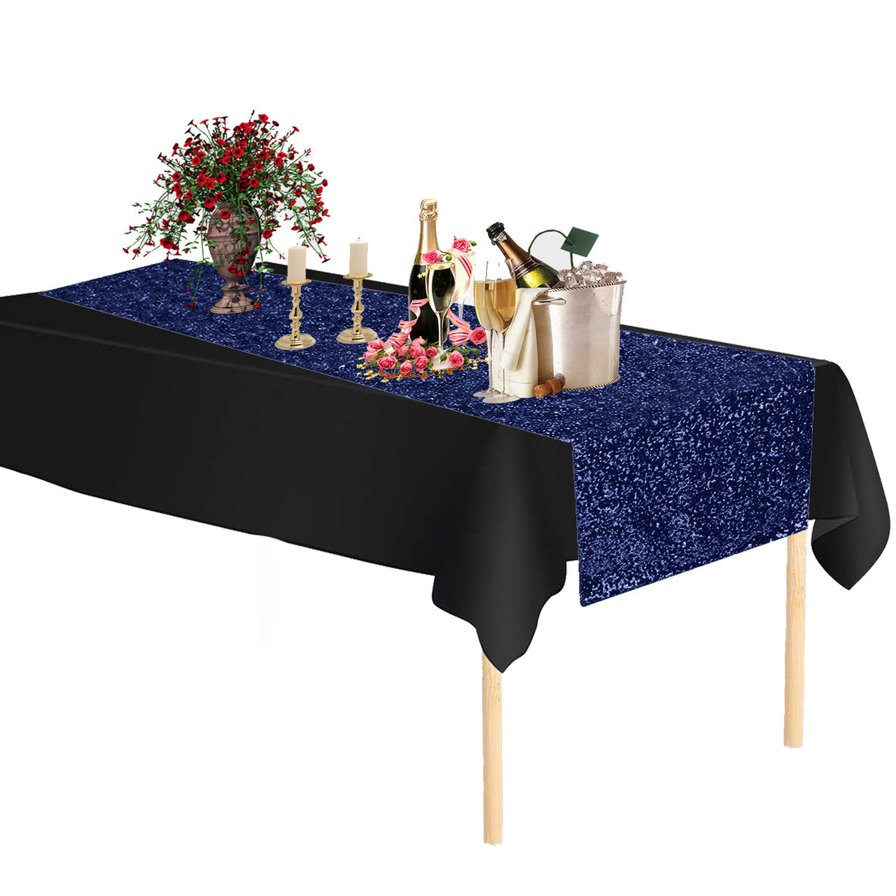 Plastic Table Cloth And Navy Sequin Table Runner Set - 2pcs