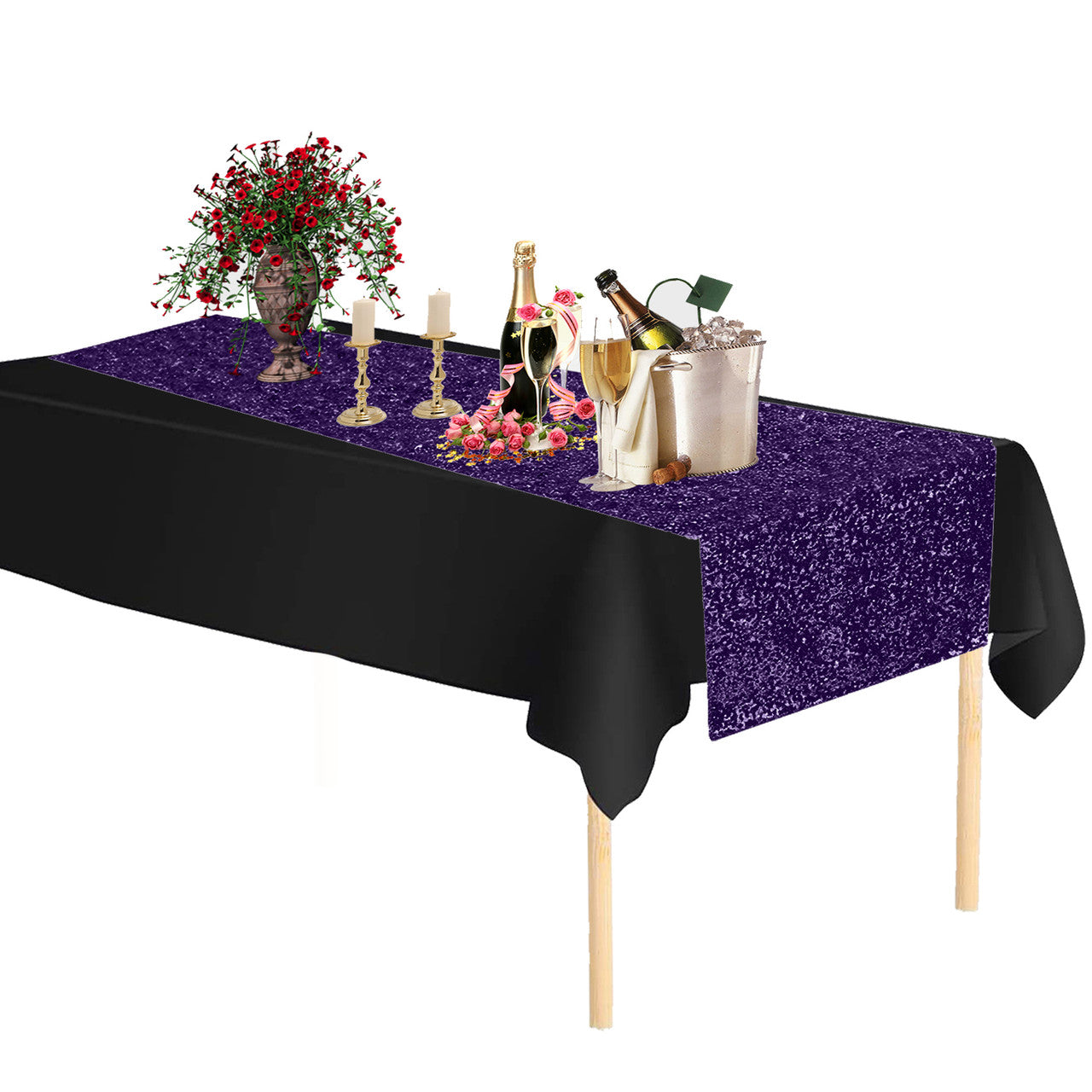 Plastic Table Cloth And Purple Sequin Table Runner Set - 2pcs