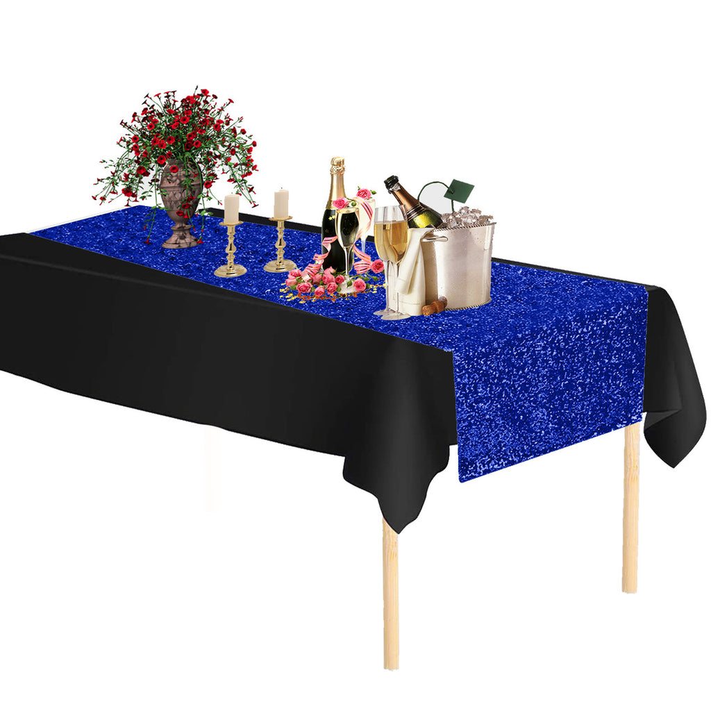 Plastic Table Cloth And Royal Blue Sequin Table Runner Set - 2pcs