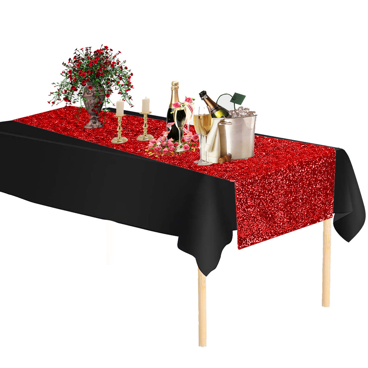 Plastic Table Cloth And Red Sequin Table Runner Set - 2pcs