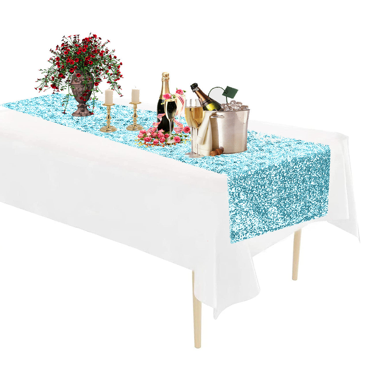 Rectangle Plastic Tablecloth and Sequin Table Runner - White & Turquoise