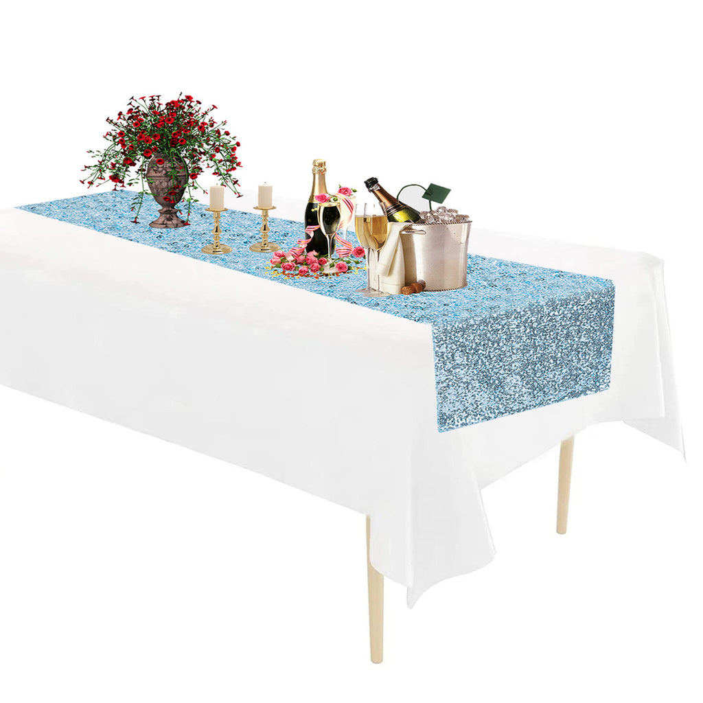 Rectangle Plastic Tablecloth and Sequin Table Runner -  White & Baby Blue