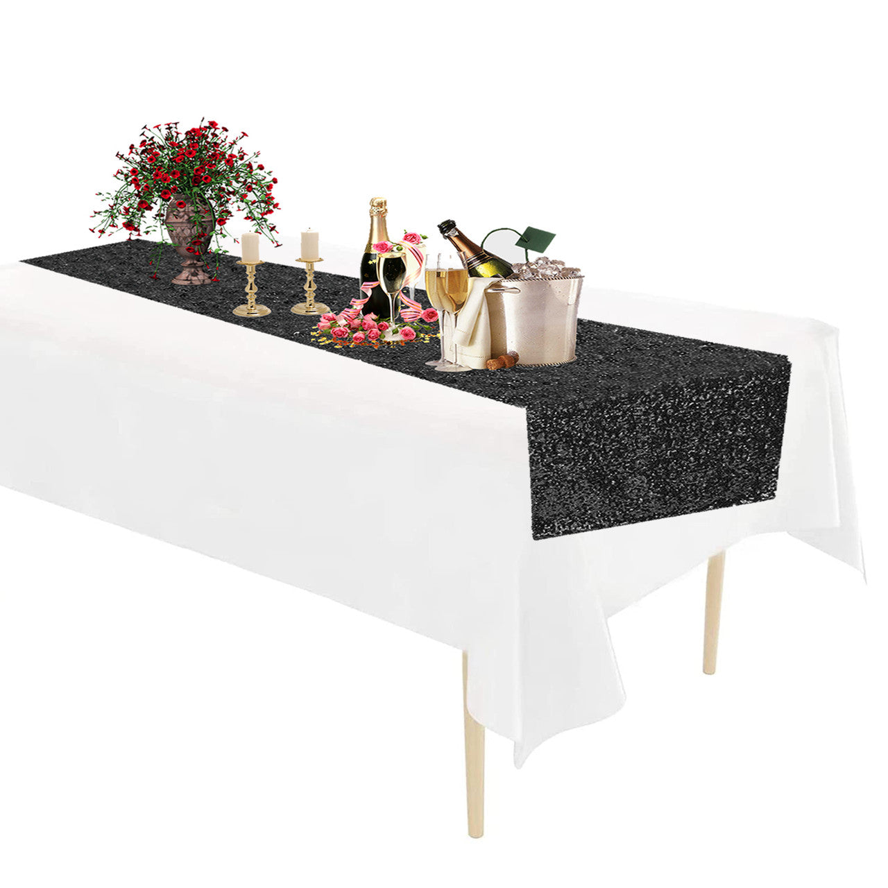 Rectangle Plastic Tablecloth and Sequin Table Runner - White & Black