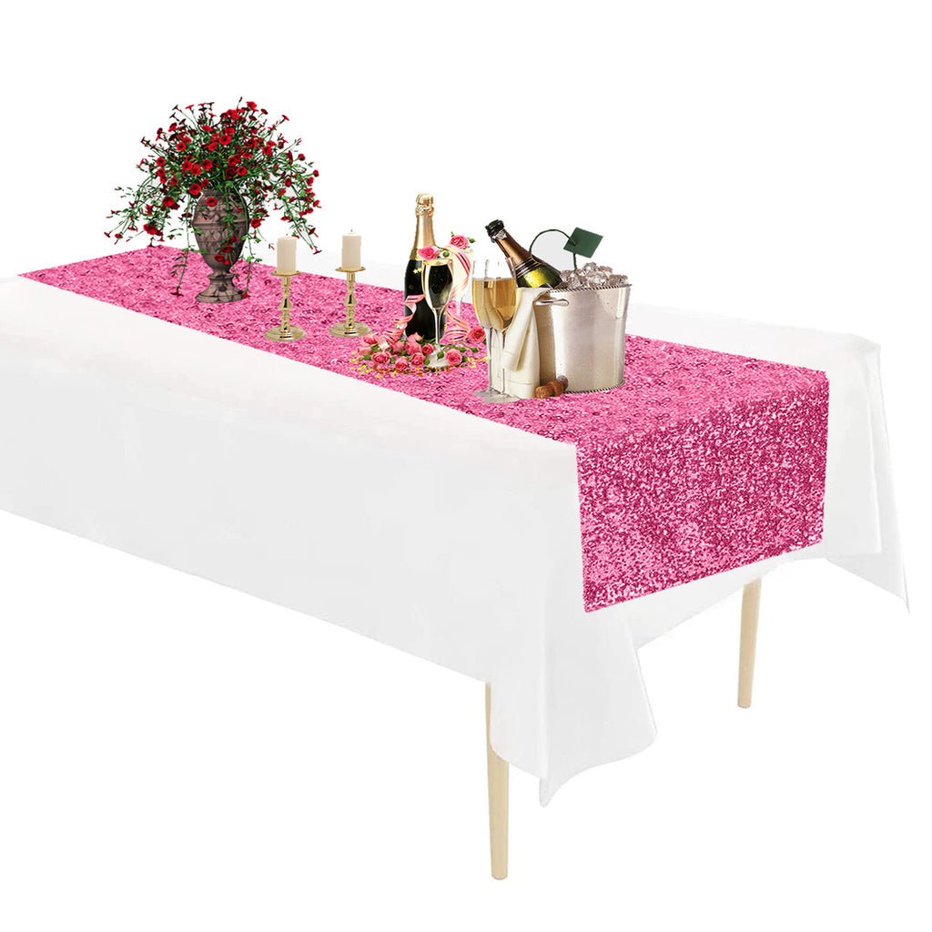 Rectangle Plastic Tablecloth and Sequin Table Runner - White & Baby Pink