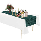 Rectangle Plastic Tablecloth and Sequin Table Runner - White & Emerald Green
