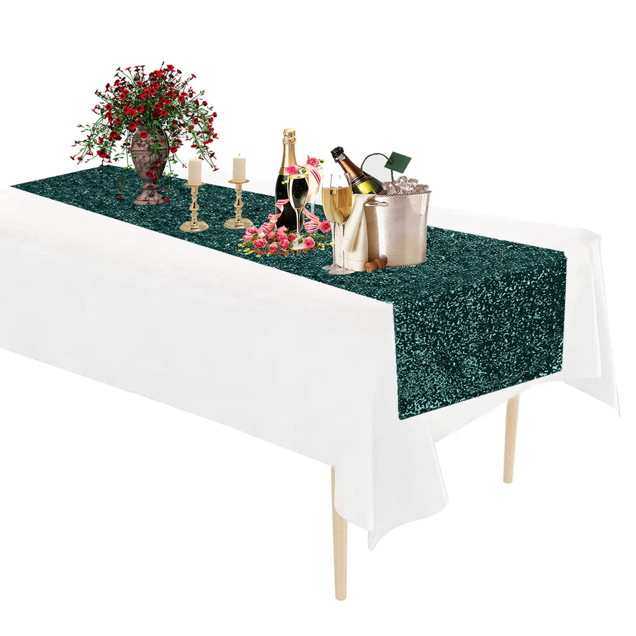 Rectangle Plastic Tablecloth and Sequin Table Runner - White & Emerald Green