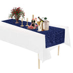 Rectangle Plastic Tablecloth and Sequin Table Runner - White & Navy Blue
