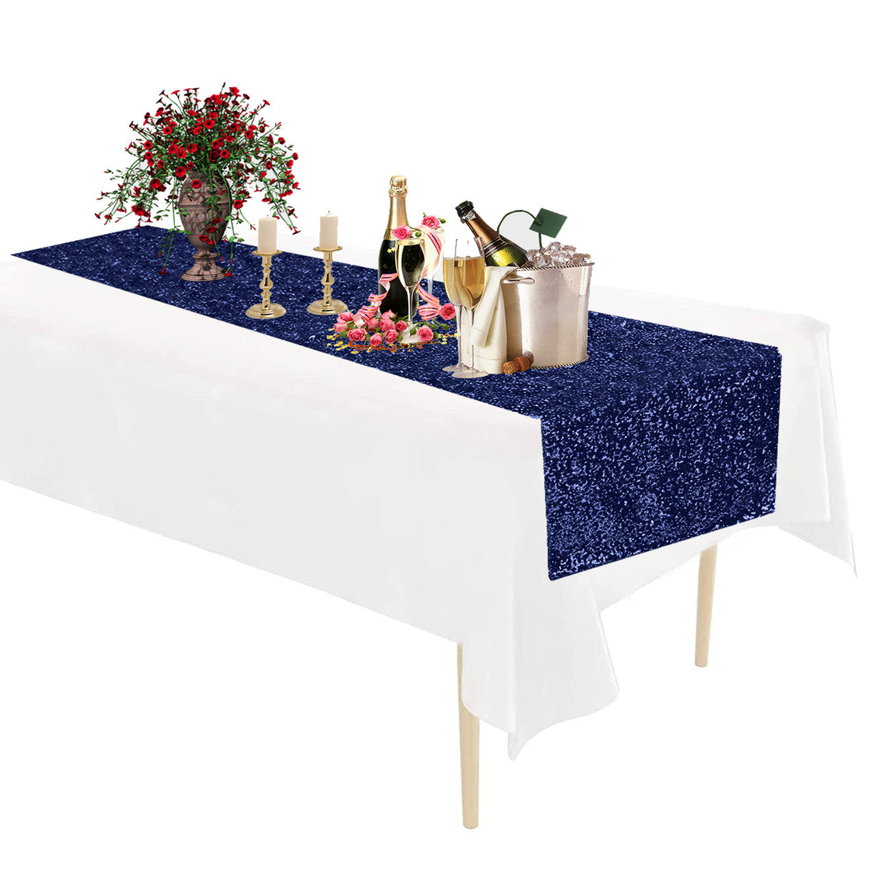 Rectangle Plastic Tablecloth and Sequin Table Runner - White & Navy Blue