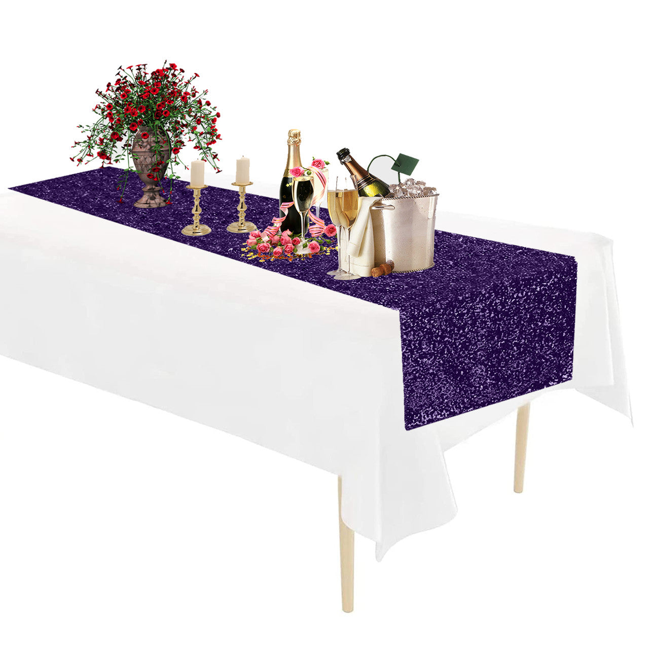 Rectangle Plastic Tablecloth and Sequin Table Runner - White & Purple