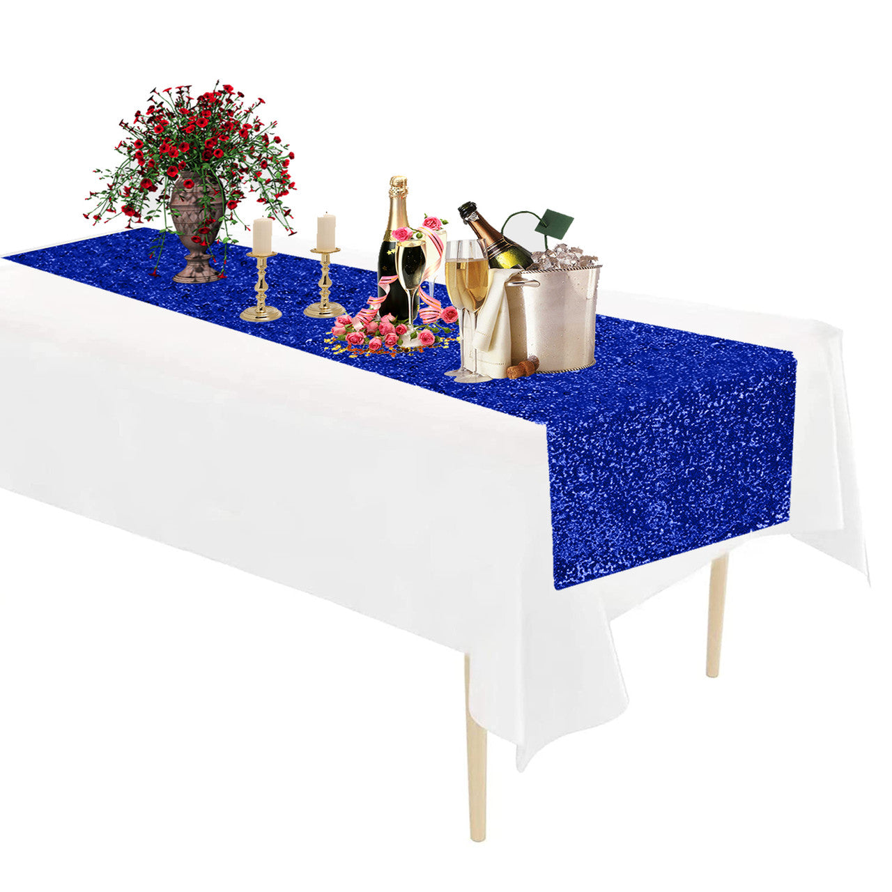 Rectangle Plastic Tablecloth and Sequin Table Runner - White & Royal Blue