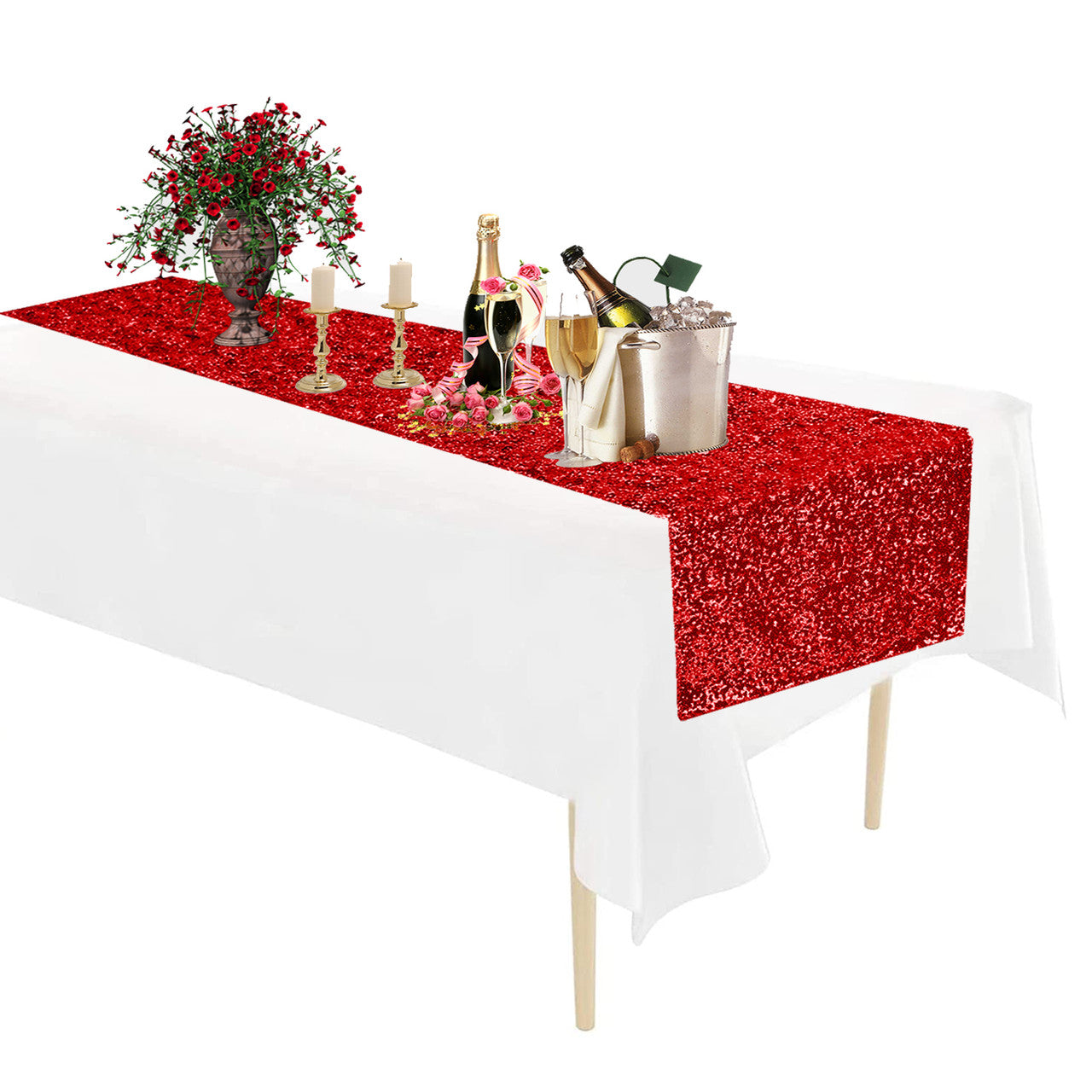 Rectangle Plastic Tablecloth and Sequin Table Runner - White & Red