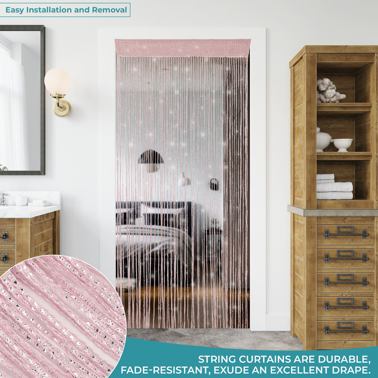 Shiny String Curtain Panel - Baby Pink