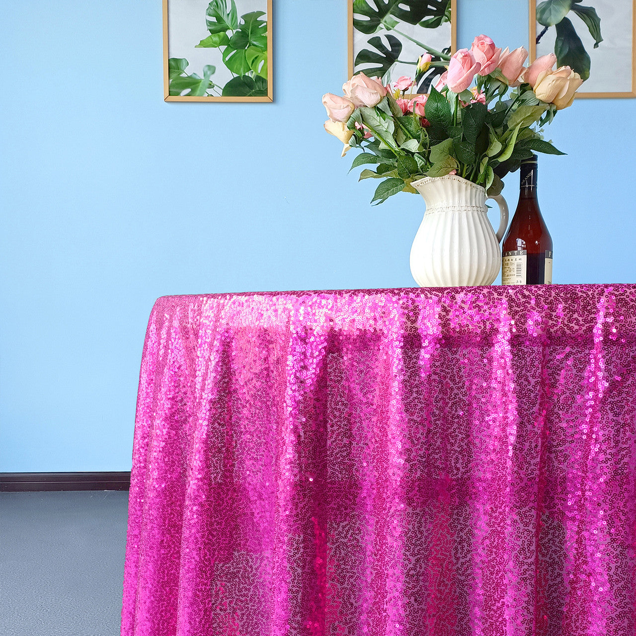 Glitter Round Sequin Sparkly Tablecloth  - Fuchsia