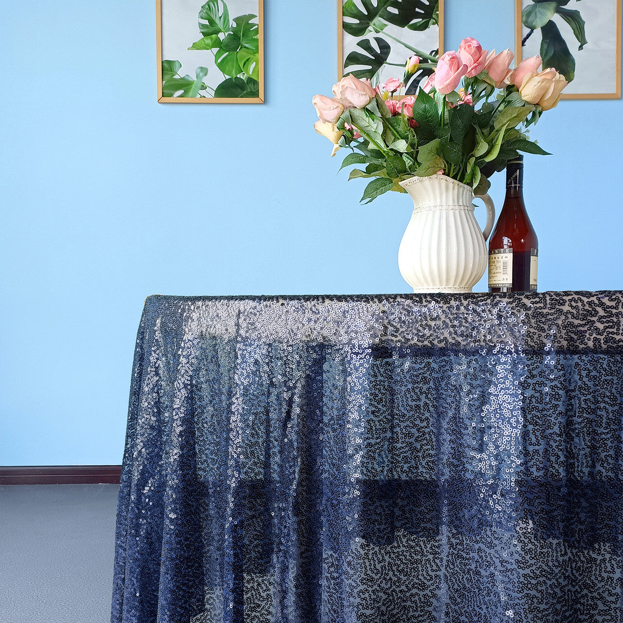 Glitter Round Sequin Sparkly Tablecloth  - Navy