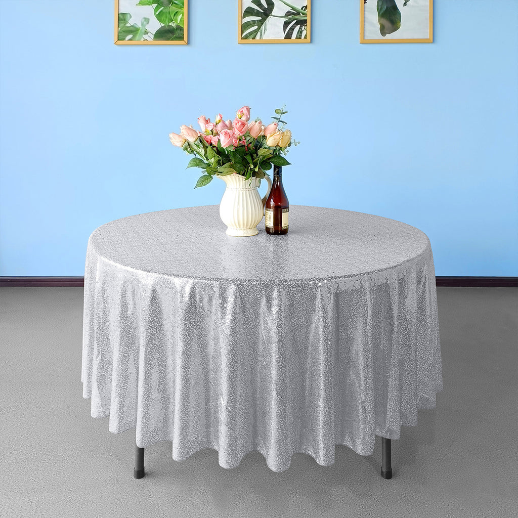 Glitter Round Sequin Sparkly Tablecloth - Silver