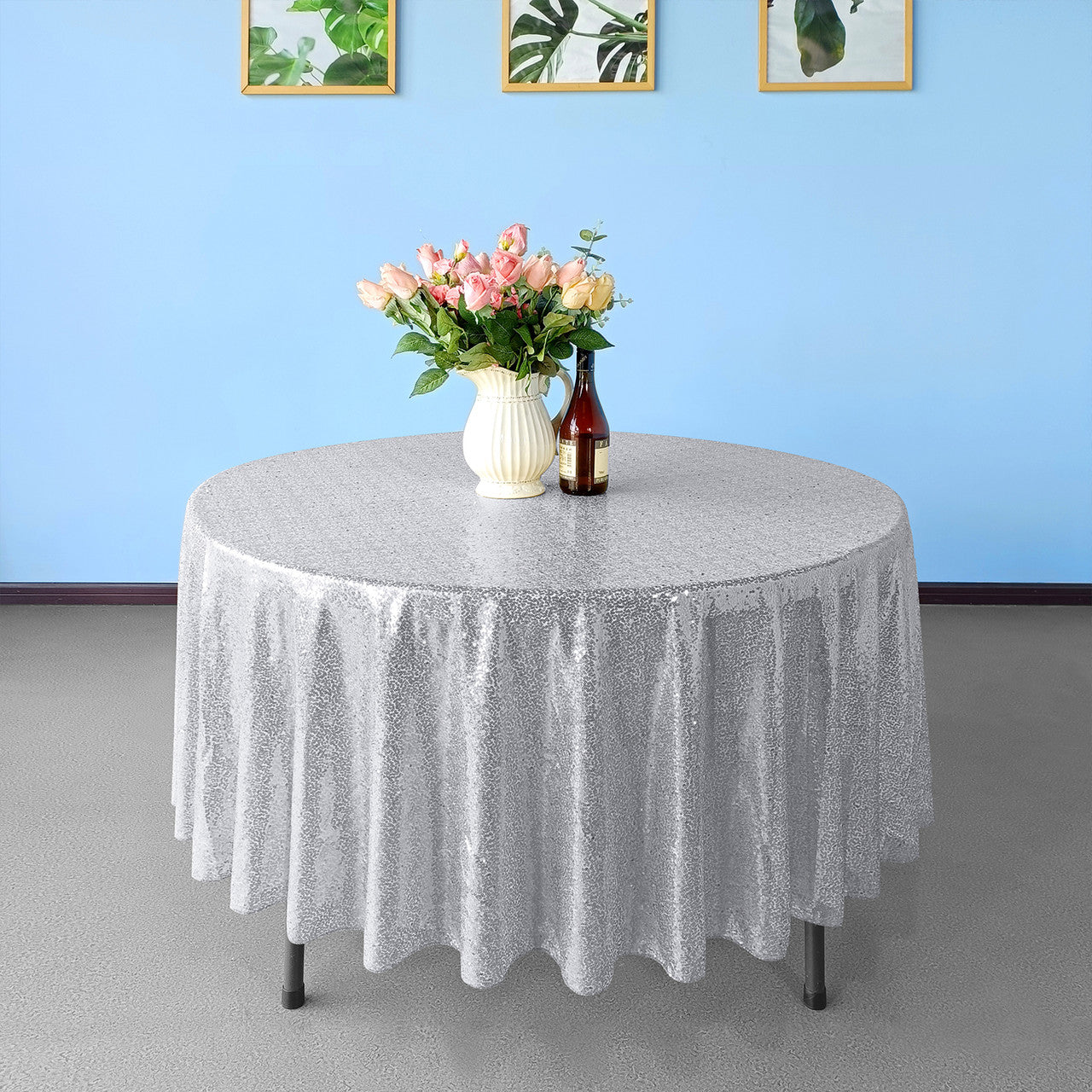 Glitter Round Sequin Sparkly Tablecloth - Silver