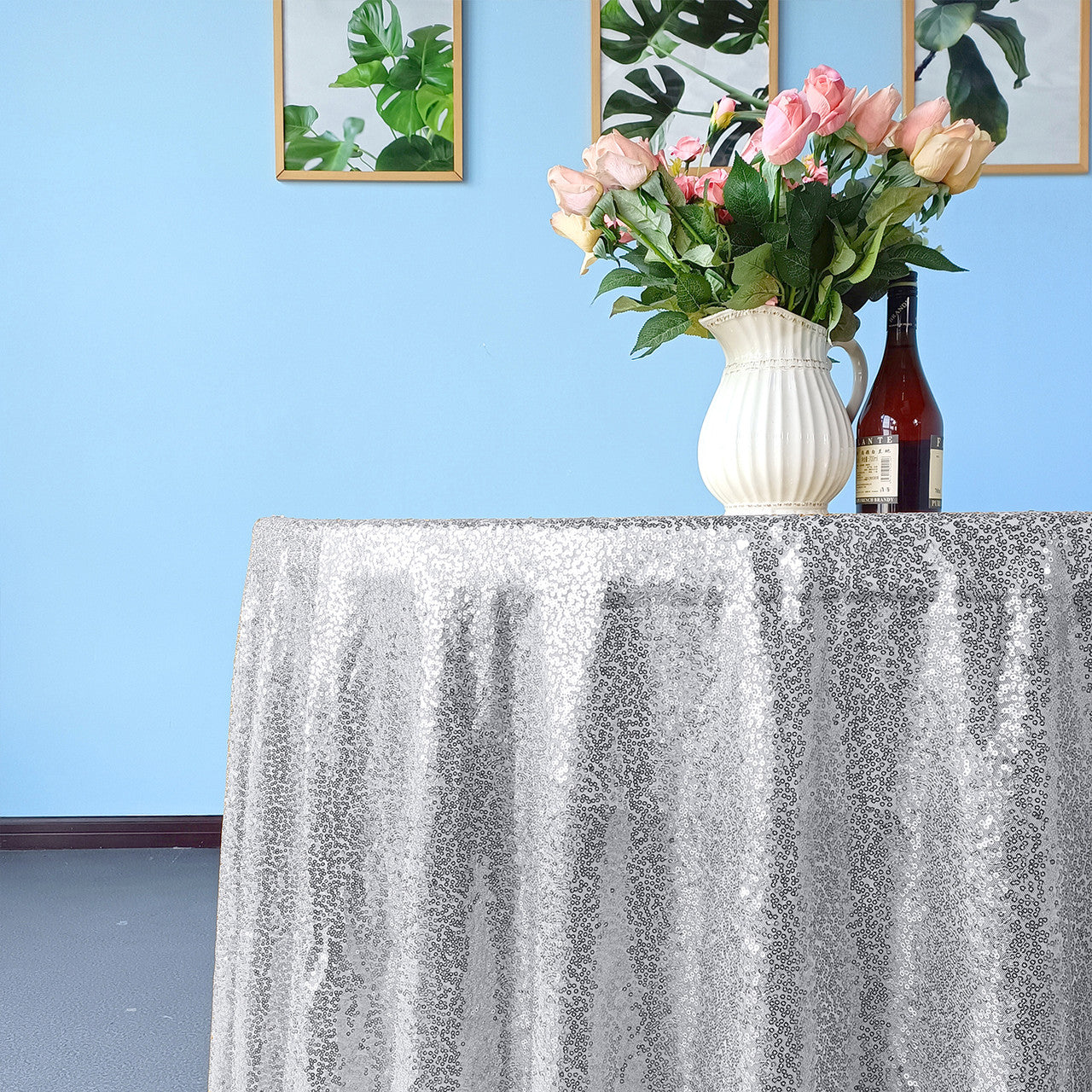 Glitter Round Sequin Sparkly Tablecloth - Silver