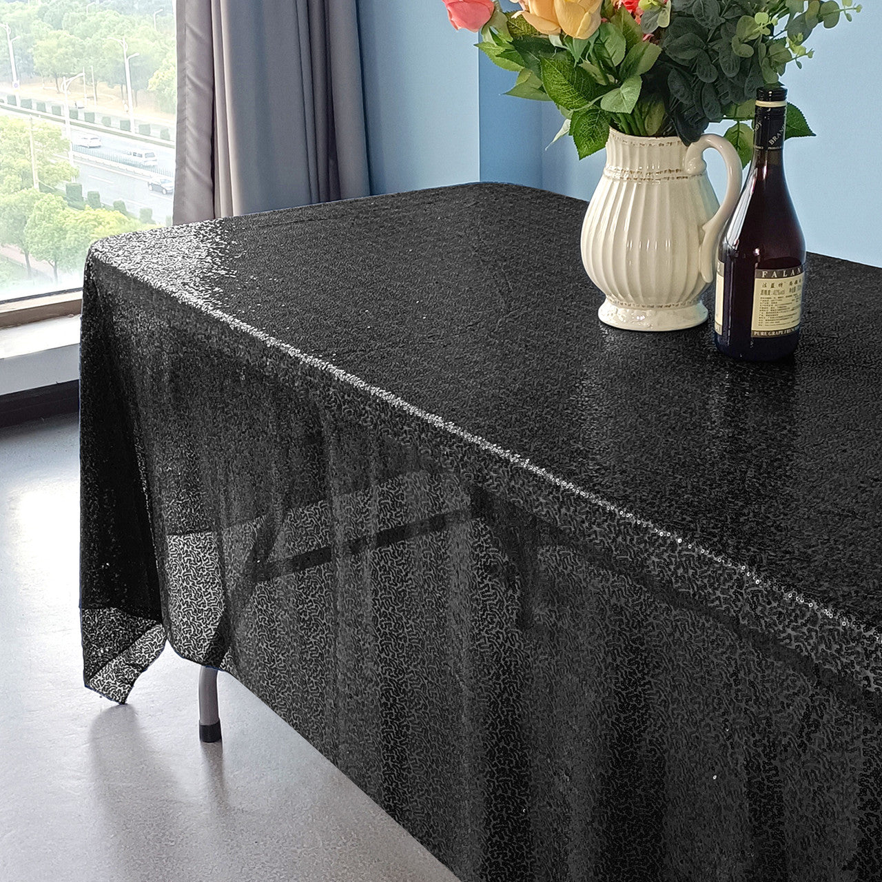 Sequin Rectangle Sparkly Tablecloth -  Black