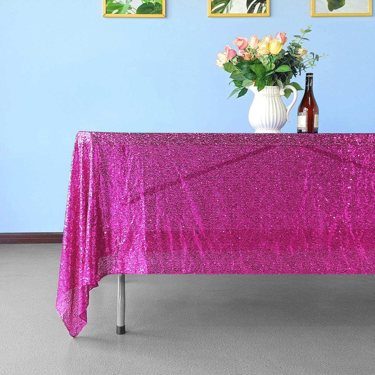 Sequin Rectangle Sparkly Tablecloth - Fuchsia