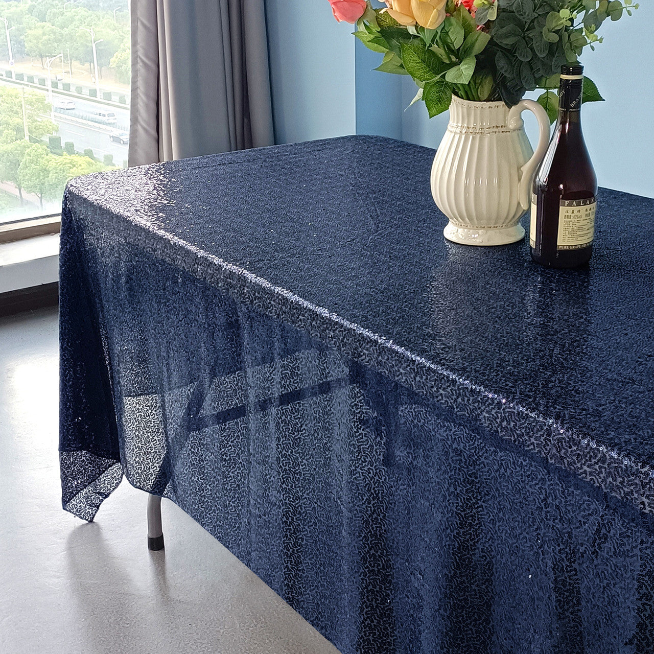 Sequin Rectangle Sparkly Tablecloth - Navy