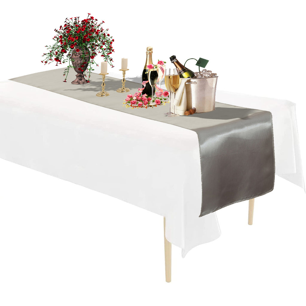 Plastic Tablecloth and Satin Table Runner Set - White & Silver