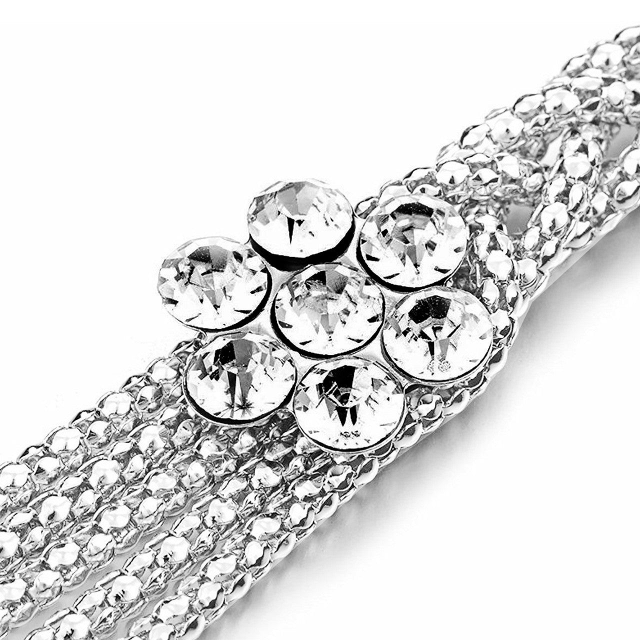 Diamante Mesh Belt with Flower Charms - Silver