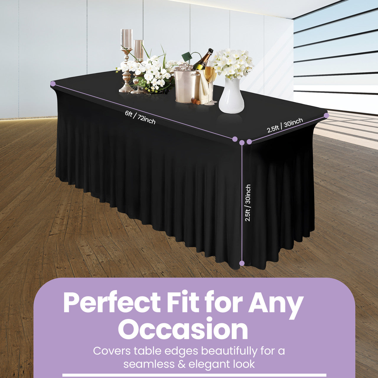 183cm x 74cm Rectangle Spandex Tablecloth with Skirt - Black