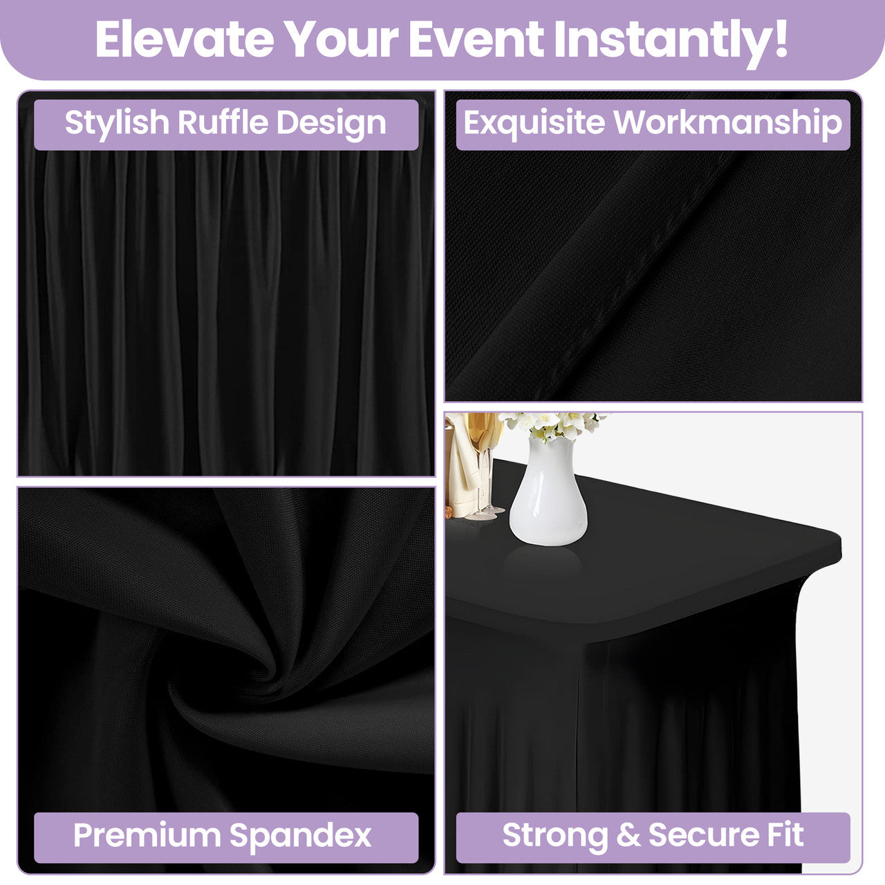 183cm x 74cm Rectangle Spandex Tablecloth with Skirt - Black