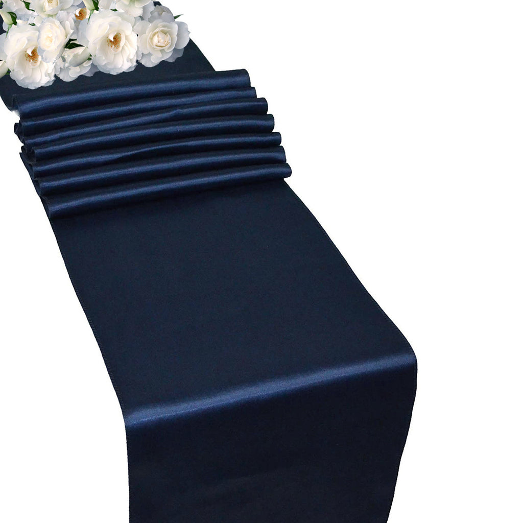 Plastic Tablecloth and Satin Table Runner Set - White & Navy