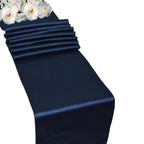 Plastic Tablecloth and Satin Table Runner Set - White & Navy