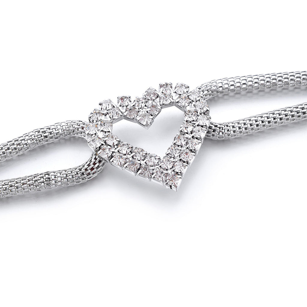 Coiled Mesh Belt with Diamante Heart - Silver