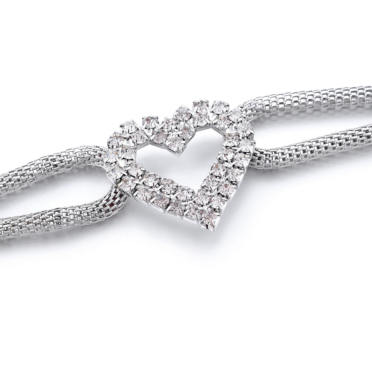 Coiled Mesh Belt with Diamante Heart - Silver
