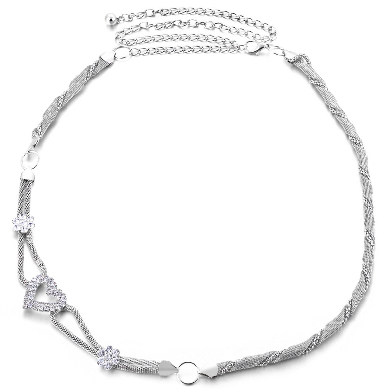 Coiled Mesh Belt with Diamante Heart - Silver