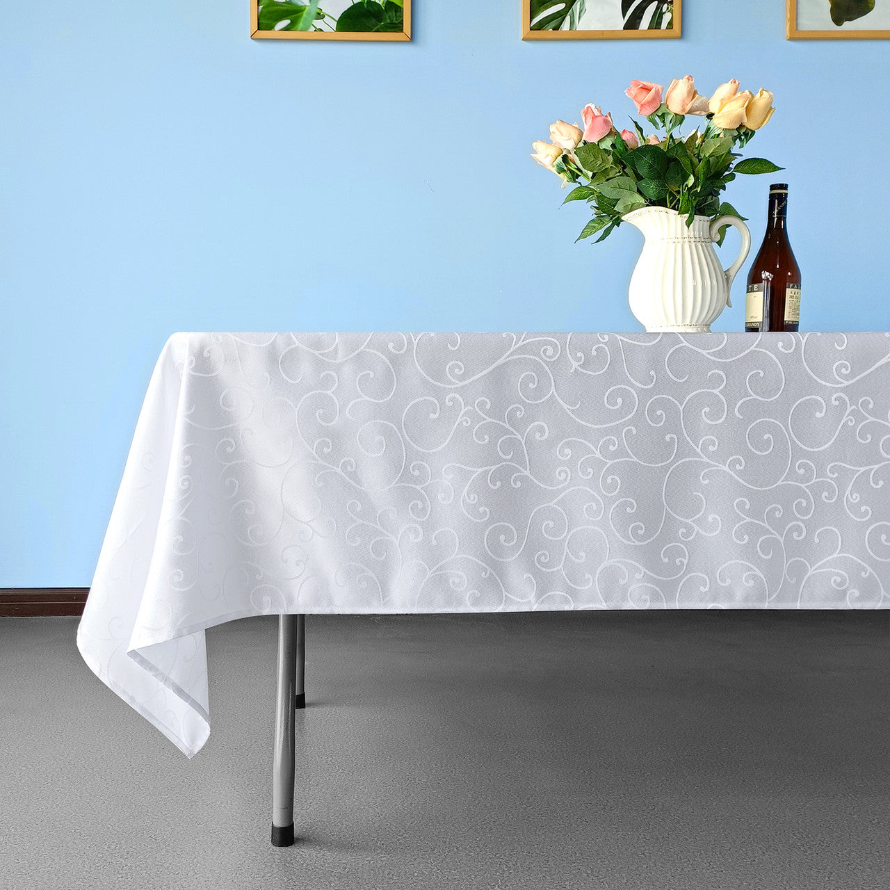200GSM Rectangle Damask Polyester Tablecloth - White