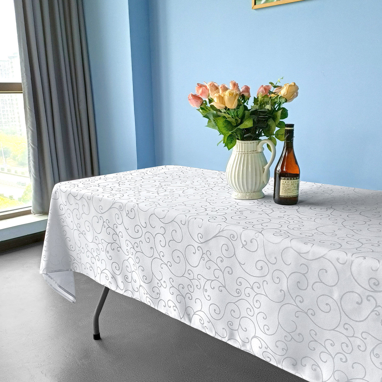 200GSM Rectangle Damask Polyester Tablecloth - White
