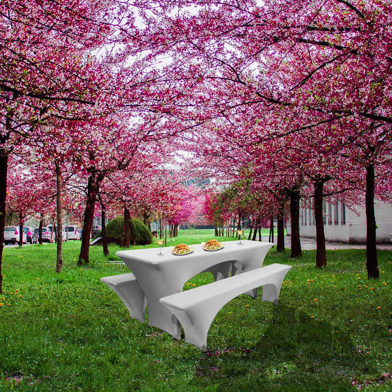 Spandex Beer Table and Bench Cover Set - Silver