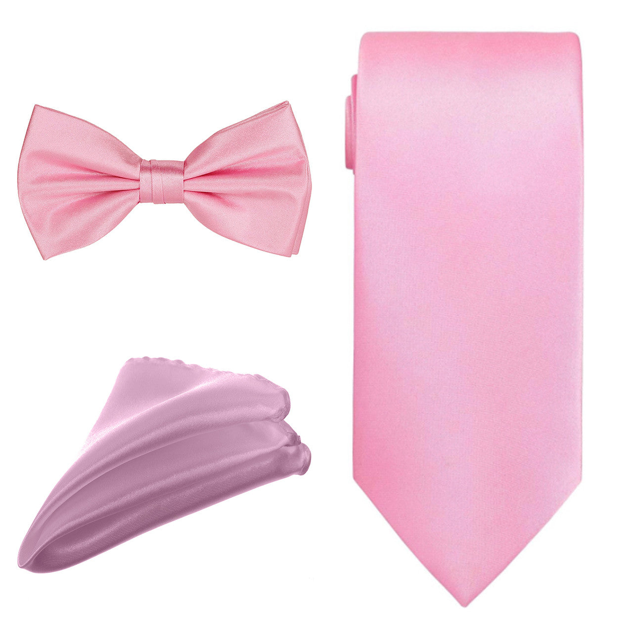 Men's Bow Tie, Neck Tie & Handkerchief Set - Baby Pink