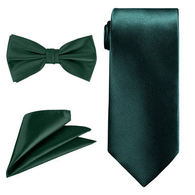 Men's Bow Tie, Neck Tie & Handkerchief Set - Dark Green