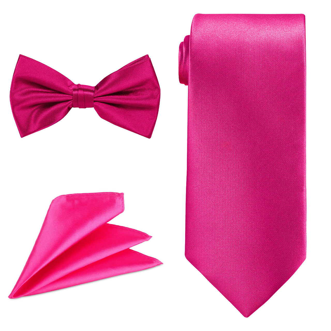 Men's Bow Tie, Neck Tie & Handkerchief Set - Hot Pink